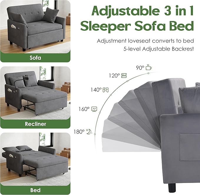 Sleeper Sofa Bed, 3 in 1 Convertible Sleeper Couch Bed Pull Out, Small Loveseat - Image 4