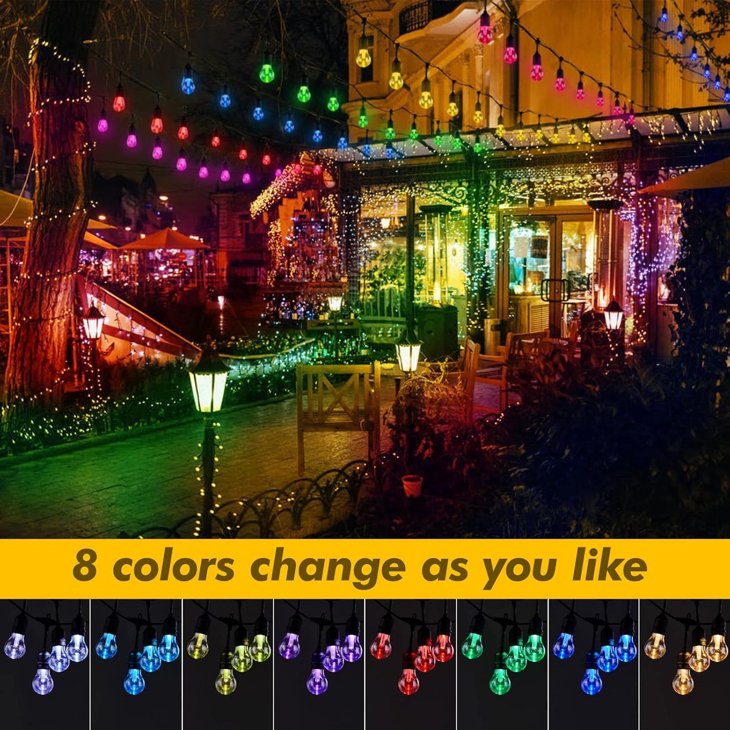 Solar Outdoor RGB String Lights, 48FT Dimmable Patio Lights with 15 Shatterproof Edison Bulbs, Commercial Grade Waterproof LED String Lighting with Remote for Party, Garden, Yard