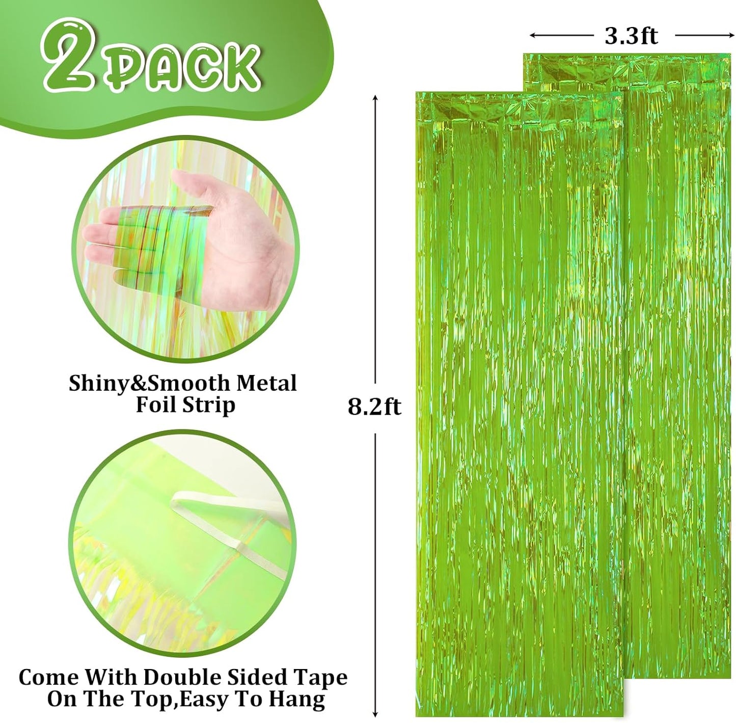 2 Pack 3.3x8.2 Feet Neon Green Foil Fringe Backdrop Curtains, Tinsel Streamers Birthday Party Decorations, Fringe Backdrop for Graduation, Baby Shower, Gender Reveal, Disco Party