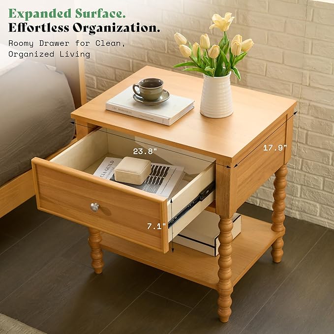 AMERLIFE 24" Wood Nightstand, Vintage Bedside Table - Image 6