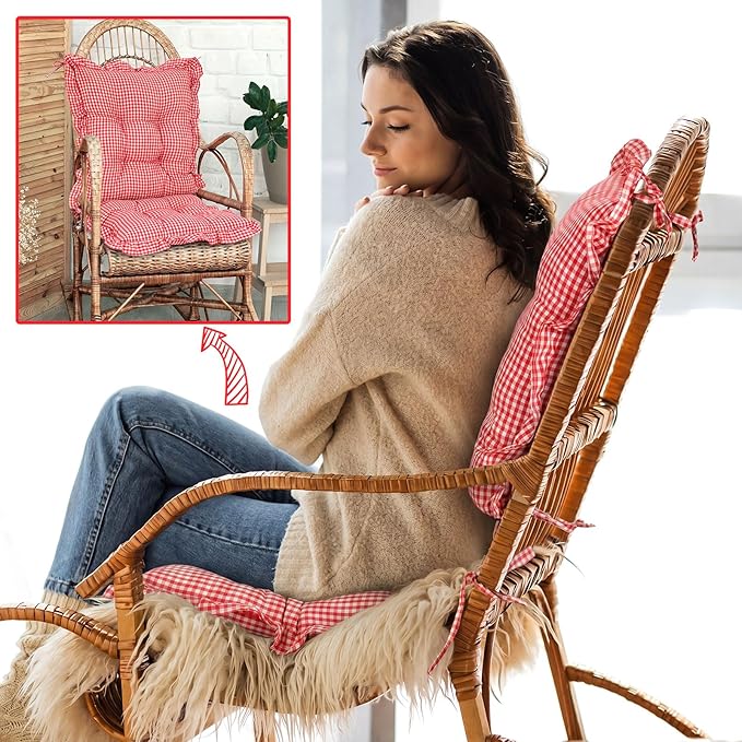 Lewtemi 2 Set Red Gingham Rocking Chair Cushion Village Ruffled Rocking Chair - Image 7