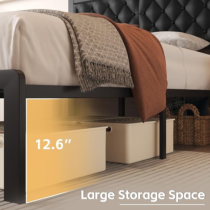 Fluest Queen Bed Frame with Headboard PU Leather Upholstered Bed Frame Platform - Image 5