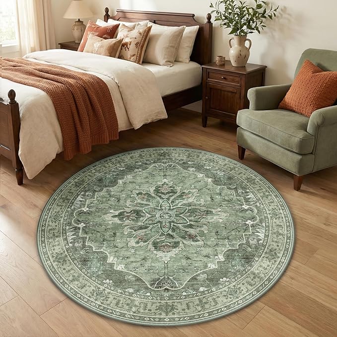 RELEANY Area Rugs Round 4ft Washable Non-Slip, Floral Vintage Distress Print - Image 3