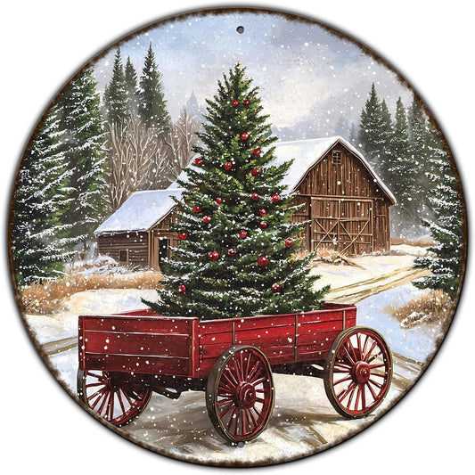 Round Barn Christmas Trees Metal Tin Sign Christmas Vintage Tin Sign Poster For Kitchen Cafe Bar Farmhouse Home Wall Decor Art Winter Decoration 12 * 12 in