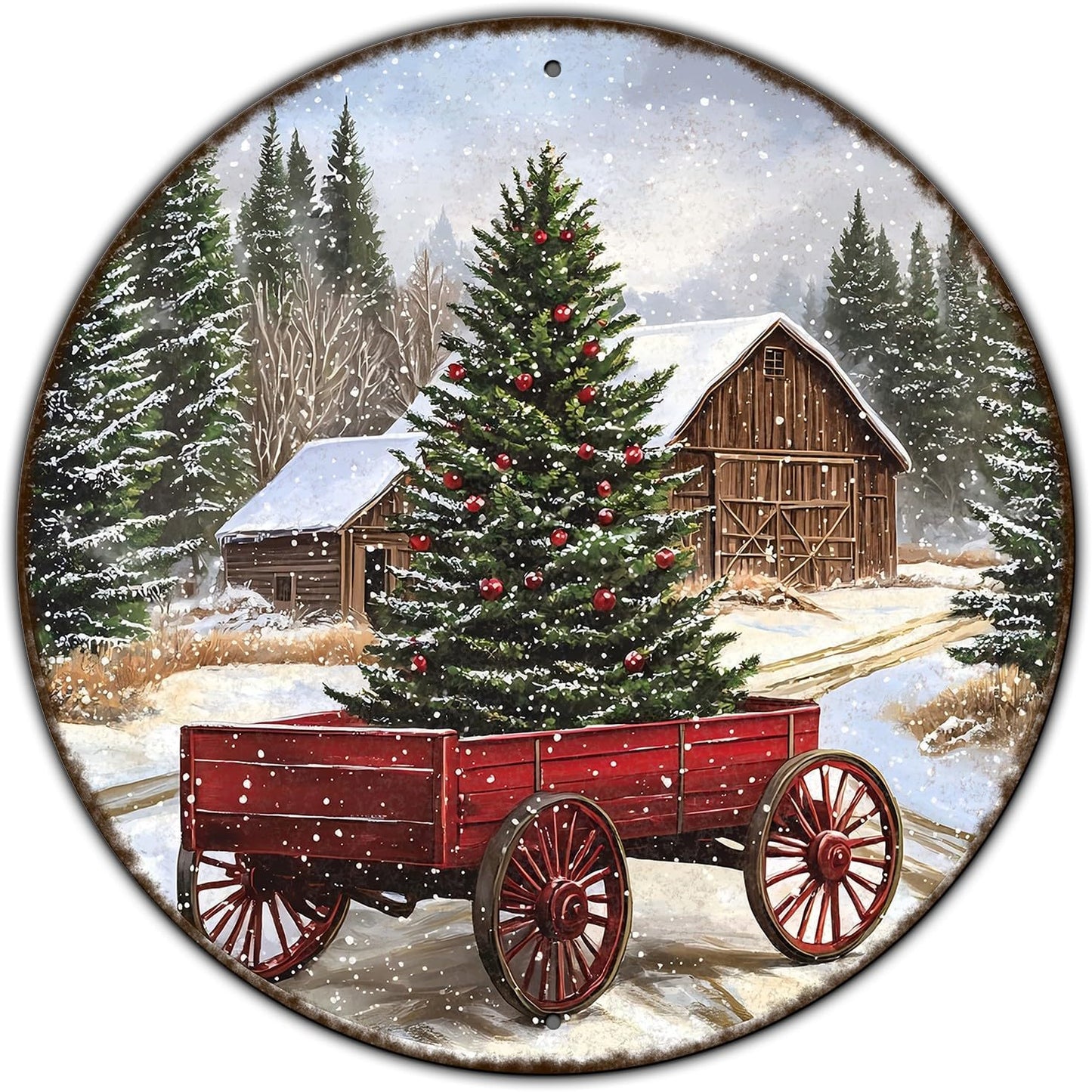 Round Barn Christmas Trees Metal Tin Sign Christmas Vintage Tin Sign Poster For Kitchen Cafe Bar Farmhouse Home Wall Decor Art Winter Decoration 8 * 8 in