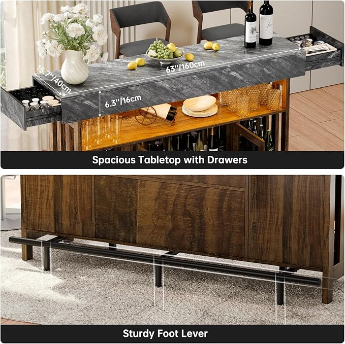 Loomie Bar Table Cabinet with Grey Marble Top & LED Lights & 2 Drawers - Image 6