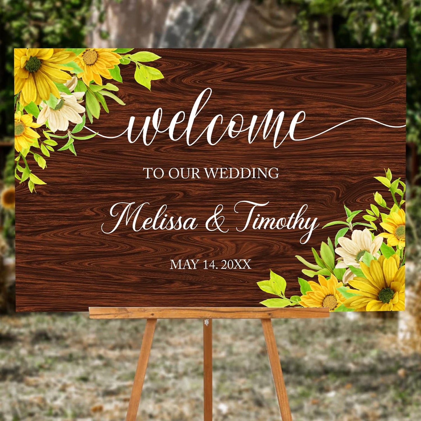 Rustic Sunflower Wedding Welcome Sign Template, Printable Wood-Inspired Welcome Sign with Watercolor Flowers for Ceremony or Reception Decoration