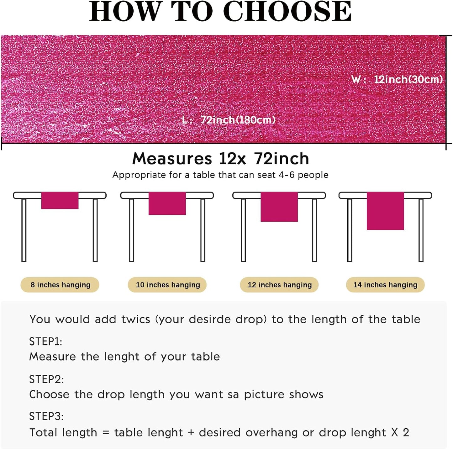 2 Packs 12 x 72 inches Sequin Table Runner, Hot Pink Glitter Table Runner for Birthday Party Supplies Wedding Engagement Baby Shower Holiday Celebration Event Decorations