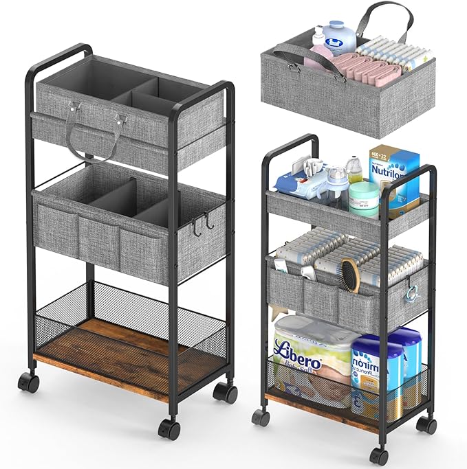 LIDTOP 2In1 Baby Diaper Caddy & 3-Tier Rolling Diaper Cart, Diaper Caddy by LIDTOP