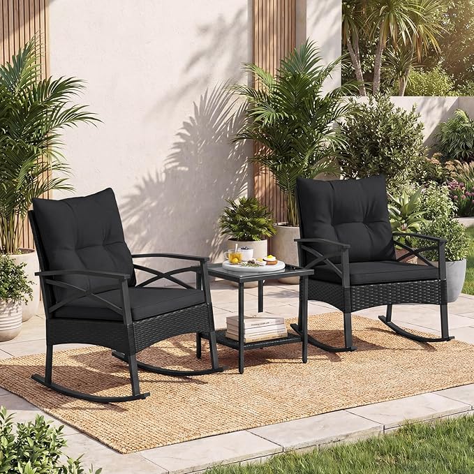 Tangkula 3 Pieces Outdoor Rocking Chairs Set, Rattan Heavy Duty Cushioned - Image 2