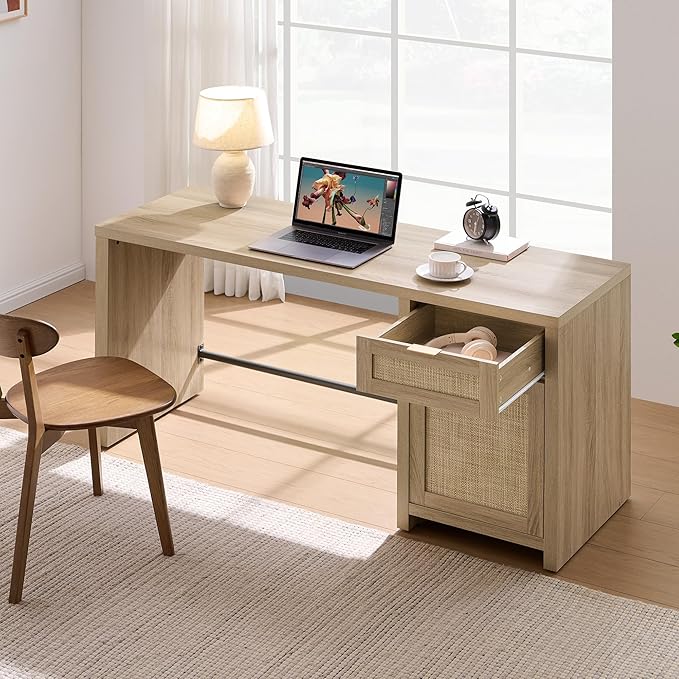SICOTAS Rattan Home Office Desk, 2 Pieces 59" Boho Executive Desk - Image 6