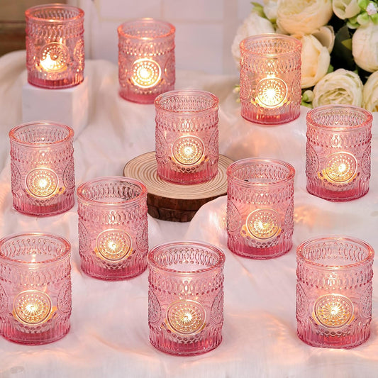 DARJEN Pink Votive Candle Holders Set of 36- Glass Candle Holders Bulk for Tea Light Candle, Embossed Candle Votives for Romantic Wedding Centerpiece, Home Table Decor