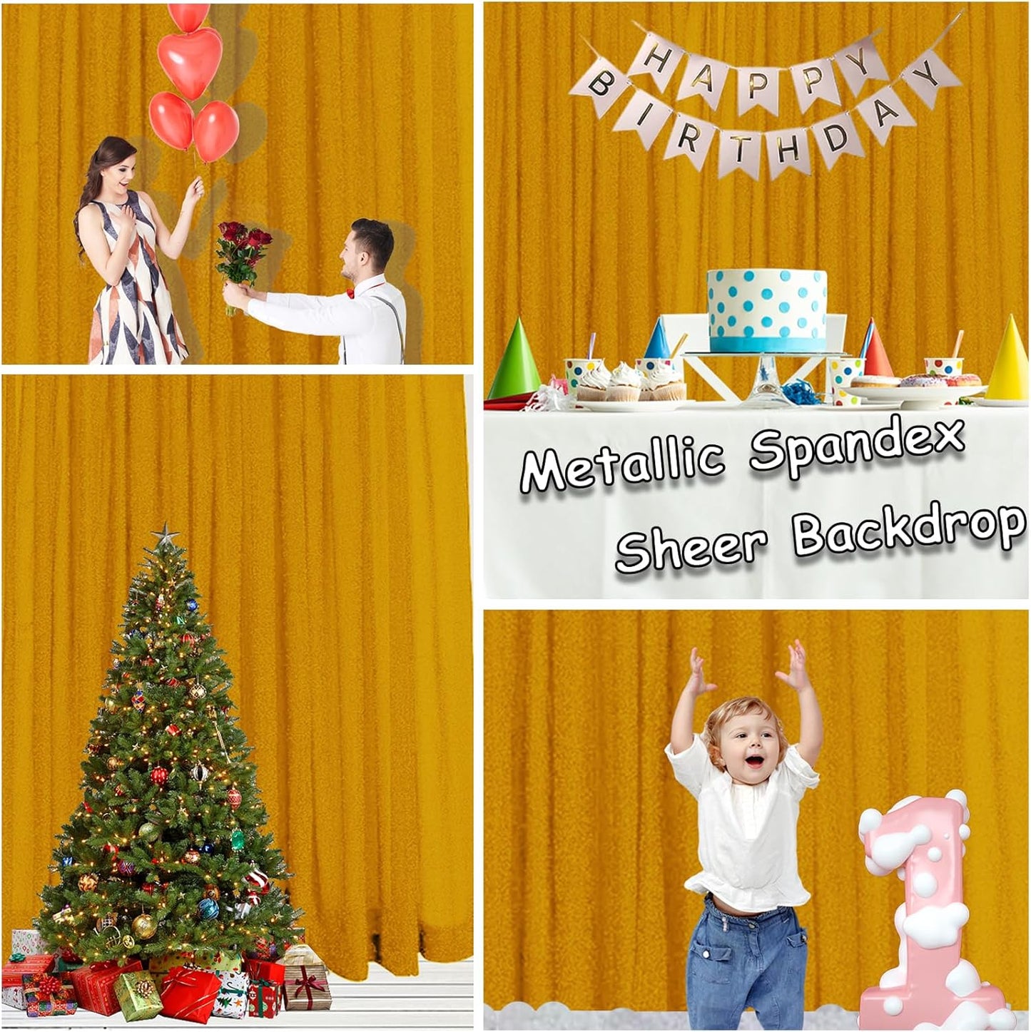 10ft x10ft Gold Metallic Spandex Backdrop, 1 Panel Glitter Sheer Photography Background, Stretchy Spandex Fabric for Wedding, Party, Baby Shower, Photo Booth Decor