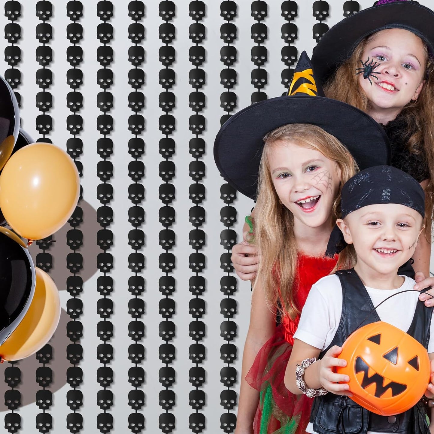 CANREVEL 2 Pack 3.2x6.5 Feet Halloween Foil Fringe Backdrop Curtains, Black Skull Tinsel Streamers Party Decorations, Fringe Backdrop for Wall Door Indoor Outdoor Decorations