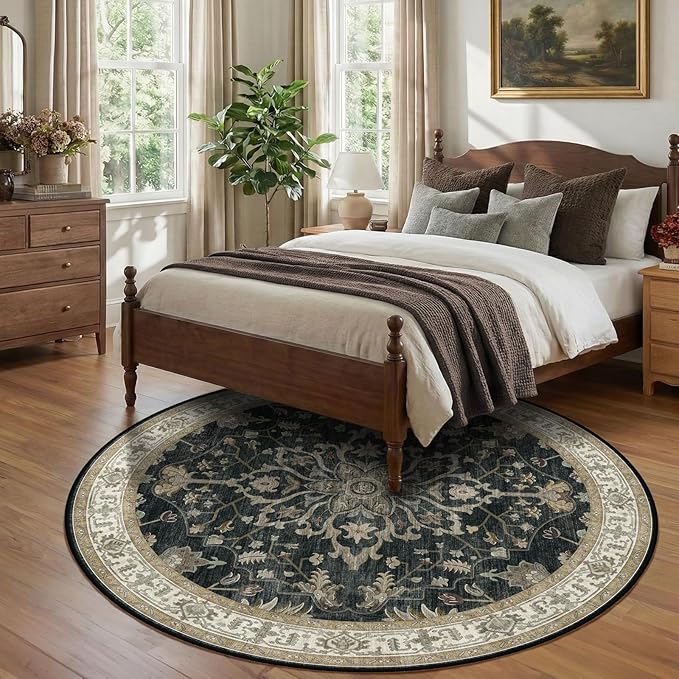RELEANY Area Rugs Round 8ft Washable Non-Slip, Floral Vintage Distress Print - Image 3