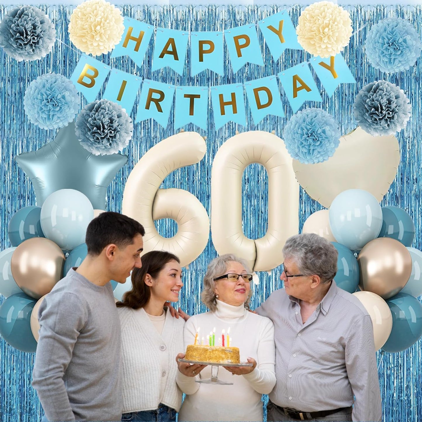 Dusty Blue 60th Birthday Party Decorations for Women Men Beige Cream Number 60 Balloon with Blue Gold Happy Birthday Banner Fringe Curtain Paper Pom Poms Nude White Sand Champagne Star Foil Balloons