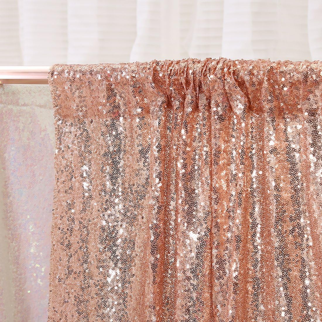 Poise3EHome 7FT x 7FT Rose Gold Sequin Photography Backdrop Curtain for Party Decoration, Rose Gold