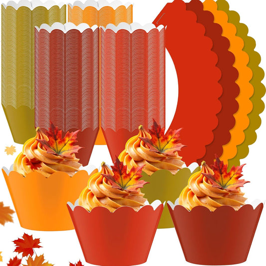 Domensi 100 Pcs Fall Cupcake Wrappers Rustic Cupcake Liners Thanksgiving Baking Cups Baking Liners for Autumn Thanksgiving Wedding Bridal Baby Shower Birthday Party Supplies Dessert Decoration