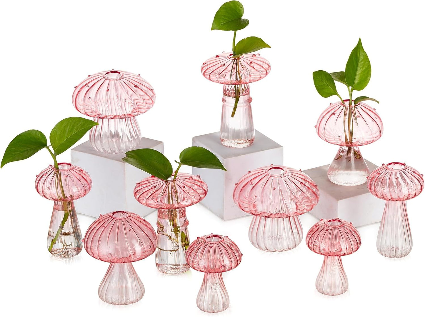 Glasseam Mushroom Plant Propagation Stations: Pink Glass Terrarium Jar Set of 10 Cute Planters for Indoor Plants Mini Propagate Station Unique Christmas Birthday Gifts for Women Home Office Decor