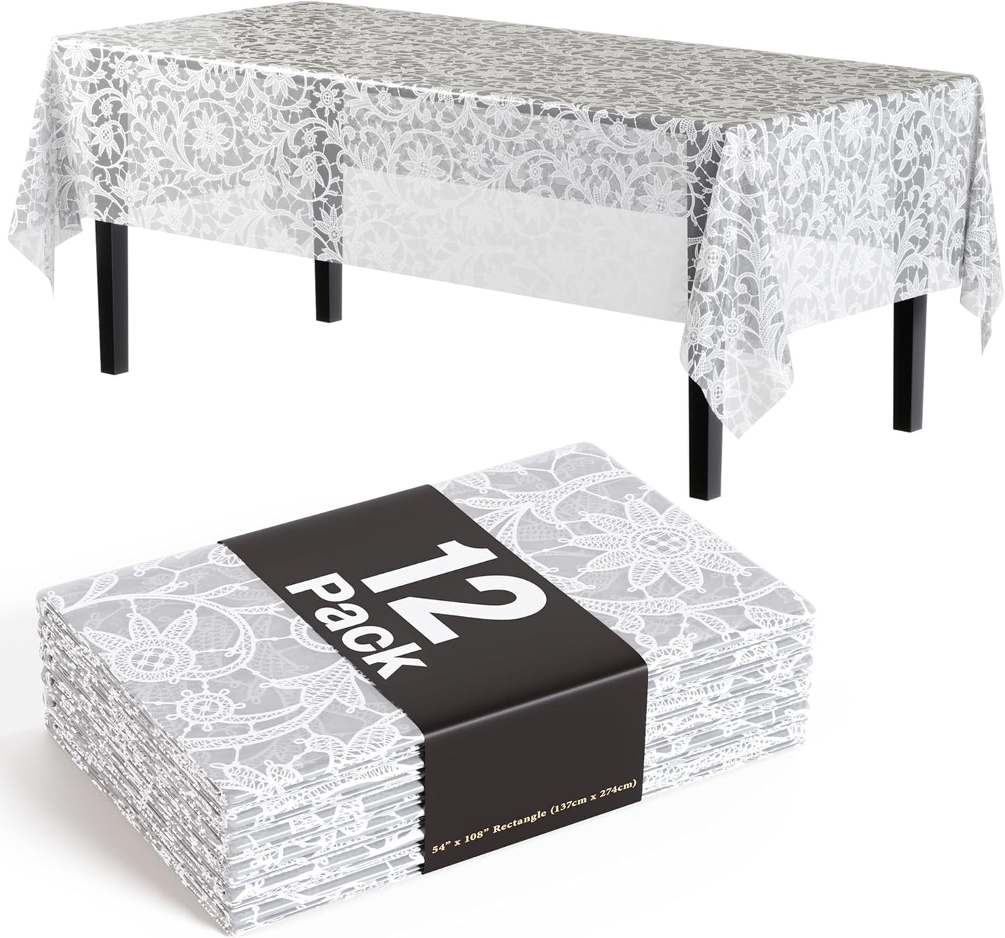 Exquisite Lace Table Cloth Rectangle Table Plastic 12-Pack Lace Tablecloth Rectangular 54" X 108" | White Floral Tablecloth Disposable | Wild Flower Party Decorations & Party Supplies