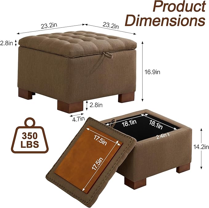 WUTUTUEE 24" Fabric Square Storage Ottoman - Image 2