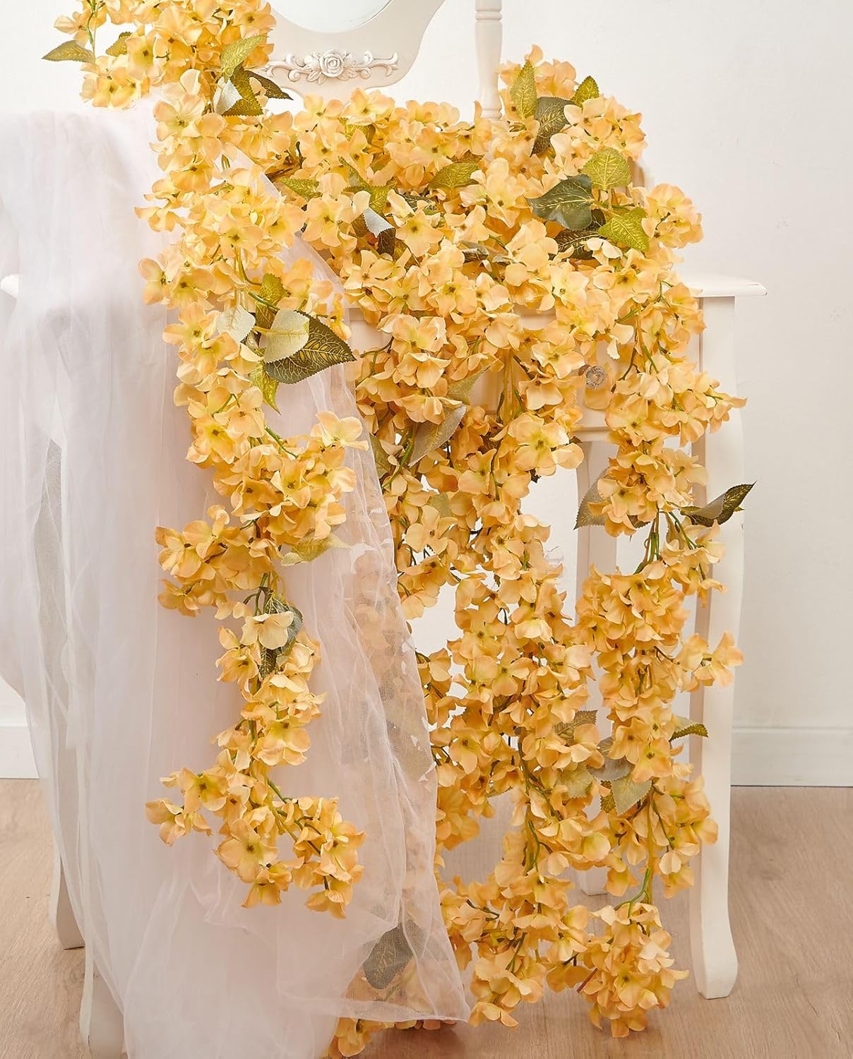 Flower Garland, Artificial Hydrangea Vine Flowers, Hanging Fake Hydrangeas Vine for Room Anniversary Wedding Birthday Christmas Wall Arch Decor, 2 Pcs, Floral Garland, Champagne Flower