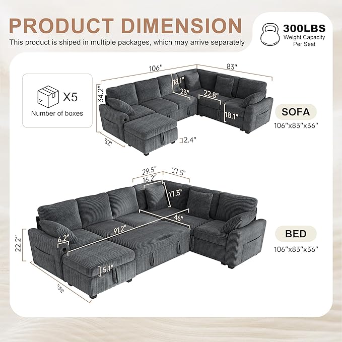 Hanherry Sectional Couch with Pull Out Sofa Bed, Corduroy Sleeper Sofa with - Image 2