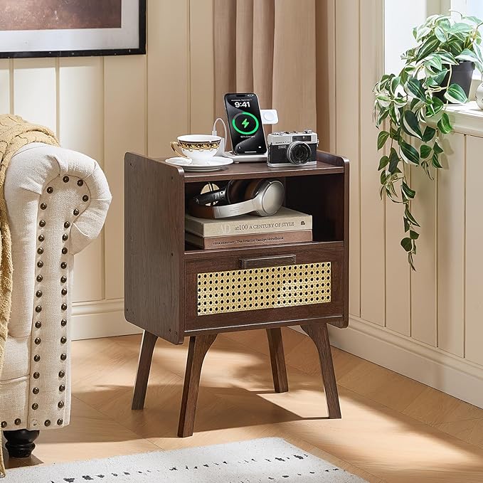 Lerliuo Rattan Nightstand with Charging Station, Walnut Bedside Table with - Image 2