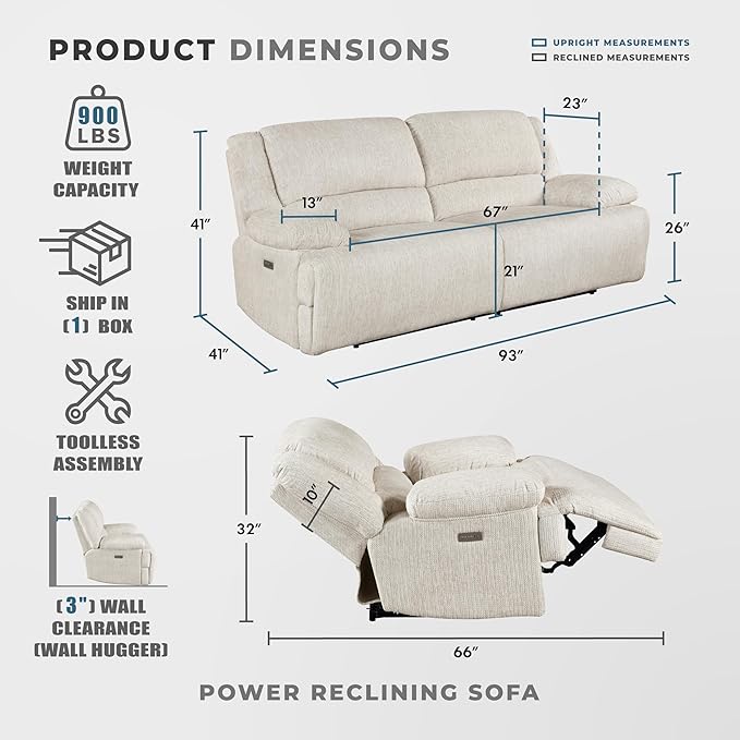 Lexicon Power Double Reclining Sofa, Textured Microfiber Wall Hugger Recliner - Image 2
