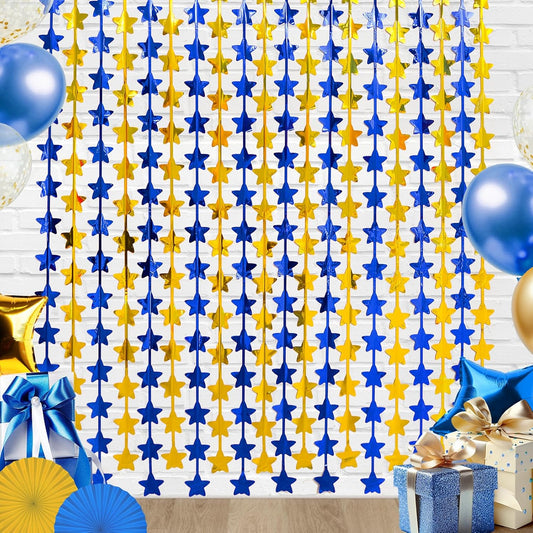 LOLStar 2 Pack Graduation Decoration 2025 3.3 x 6.6 ft Blue Gold Star Each Foil Fringe Tinsel Curtains Backdrop, Navy Blue and Gold Star Streamers for Birthdays, Retirement, Bridal Showers, Banquet