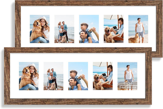 8x24 Picture Frame 2 Pack, Rustic Brown Wood Frame with Tempered Glass, Display Pictures Multiple Five 4x6 With Mat or 8 x 24 Without Mat - Horizontal or Vertical Wall Mounting
