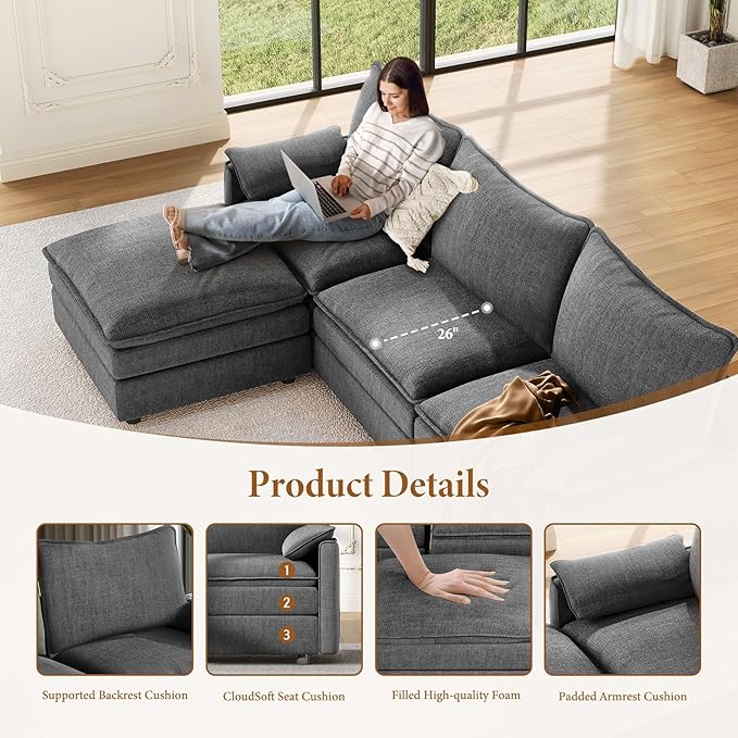 Vesgantti 142" U Shaped Sectional Couch, Comfy Cloud Modular Sectional Sofa - Image 3