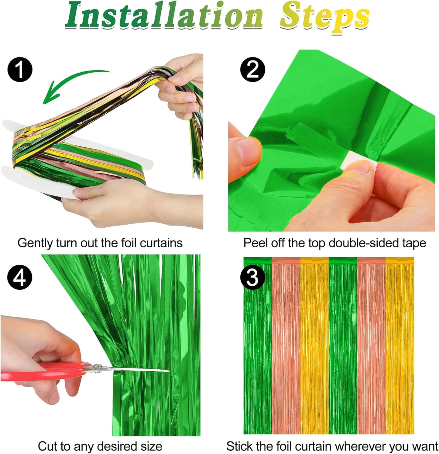 4 Pack Hawaiian Party Decorations, 3.28 FT x 7.05 FT Hawaii Tinsel Backdrop, Green Brown Yellow Foil Curtains Fringe Backdrop Party Streamer, Metallic Summer Decor Luau Party Decorations