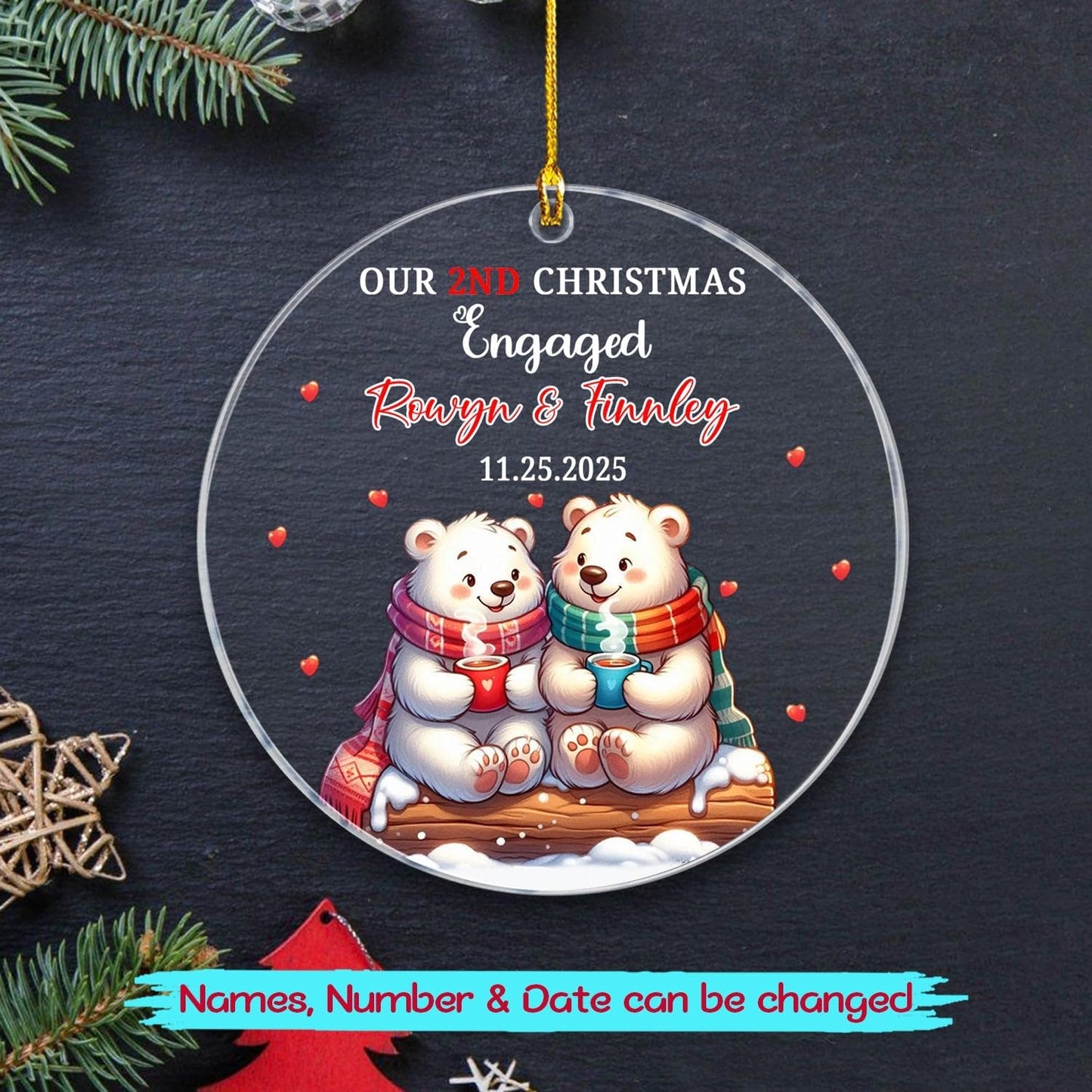 Customized Our 2ND Christmas Engaged Ornaments, Couple Polar Bear Together Ornament Gift for Engagement Anniversary, Personalized Date Name Mr & Mrs Engaged Christmas Ornament Gift for Friends Bestie