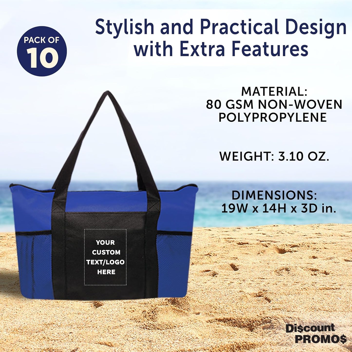 DISCOUNT PROMOS 10 Zippered Non-Woven Tote Bags Set - Customizable Text, Logo - Mesh Pocket, Zippered, Recyclable, Reusable - Blue - 19"X14"X3", with Zipper