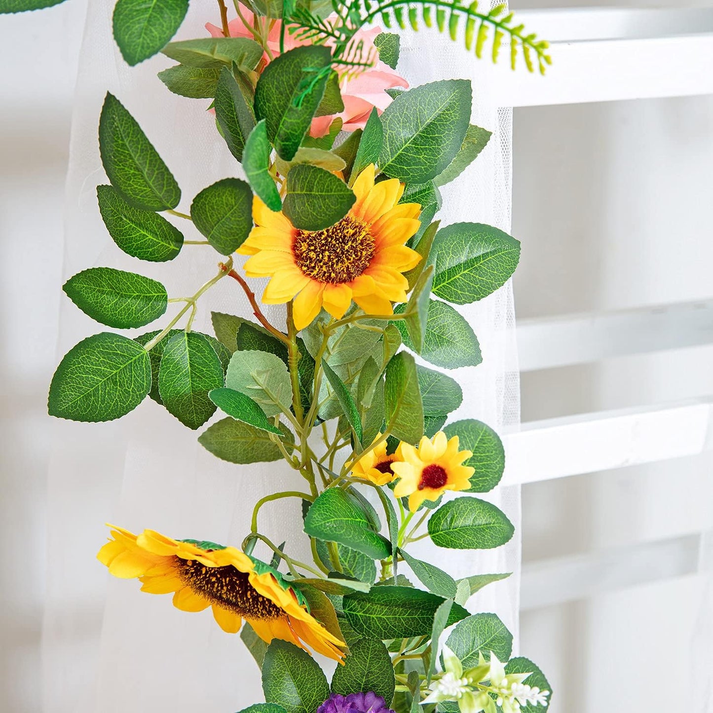 Naidiler Artificial Flower Garland, Sunflower & Rose Vines, Boho Wedding & Birthday Decor, 6ft Straight, Pink & Yellow, Fabric & Plastic