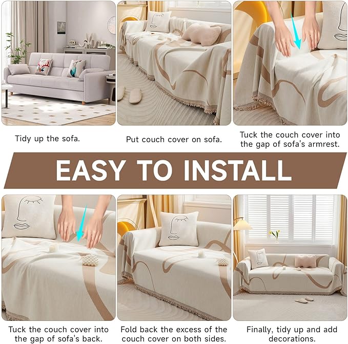 VClife Soft Chenille Couch Cover Modern Khaki Tan Beige Stripe Sofa Slipcover - Image 7