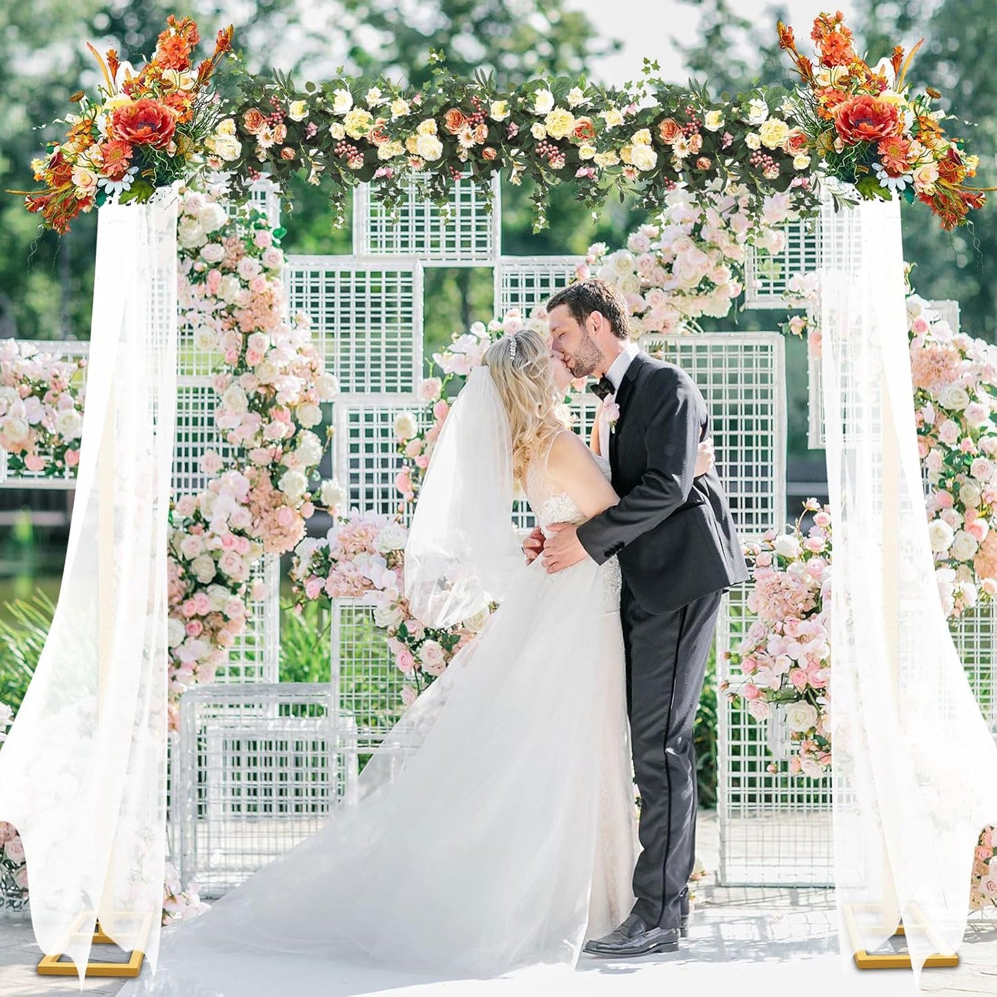 8FT Wedding Arch Backdrop Stand, Gold Square Back Drop Adjustable Stand Metal Arch Heavy Duty Backdrop Stand Kit Frame for Party Wedding Birthday Photobooth Decorations