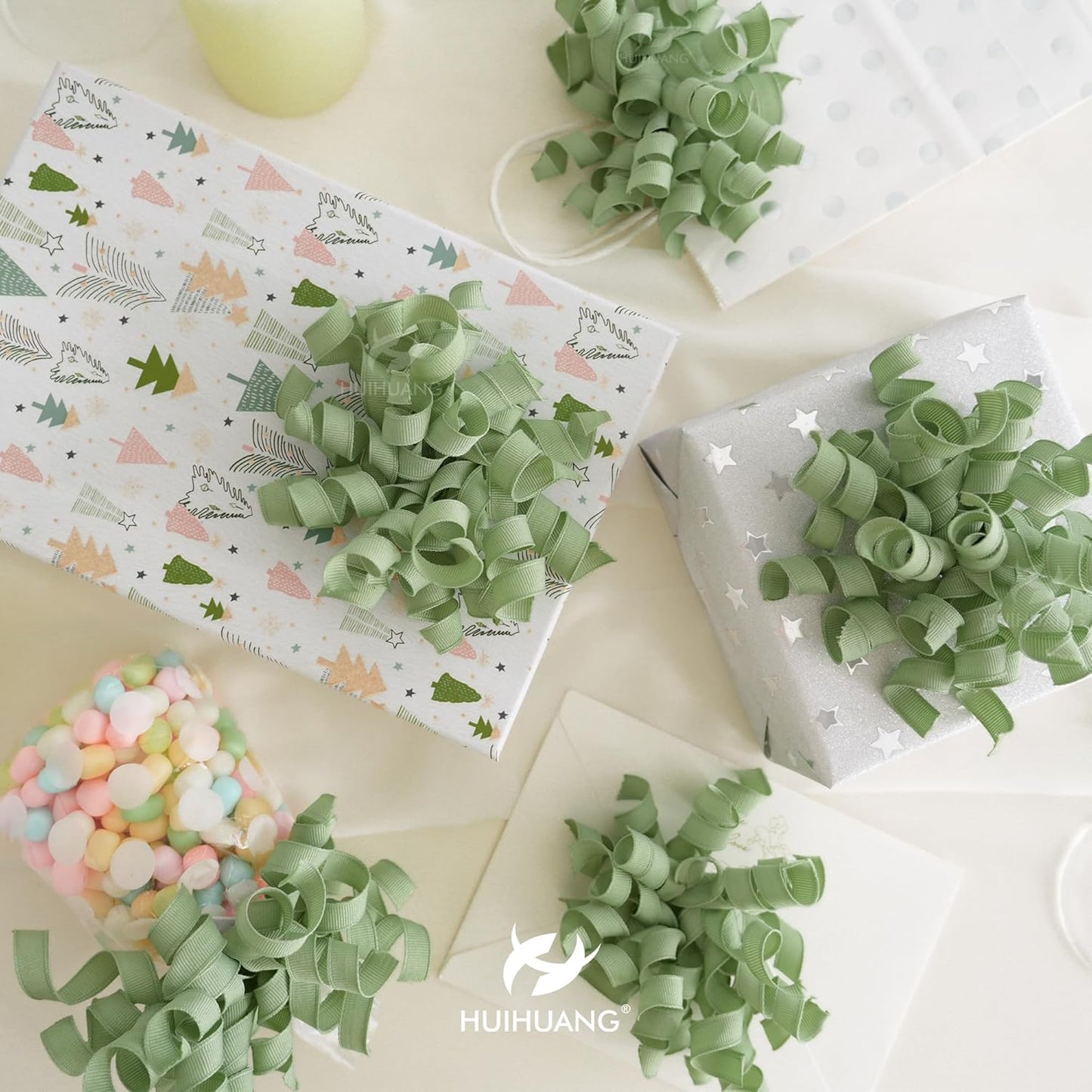 HUIHUANG Sage Green Bows for Gift Wrapping, Sage Curly Ribbon Bows Self Adhesive Burst Gift Bow for Presents, Wine Bottle, Treat Bags, Wrap Accessories, Bridal Shower Wedding Party Favor - 6 Counts