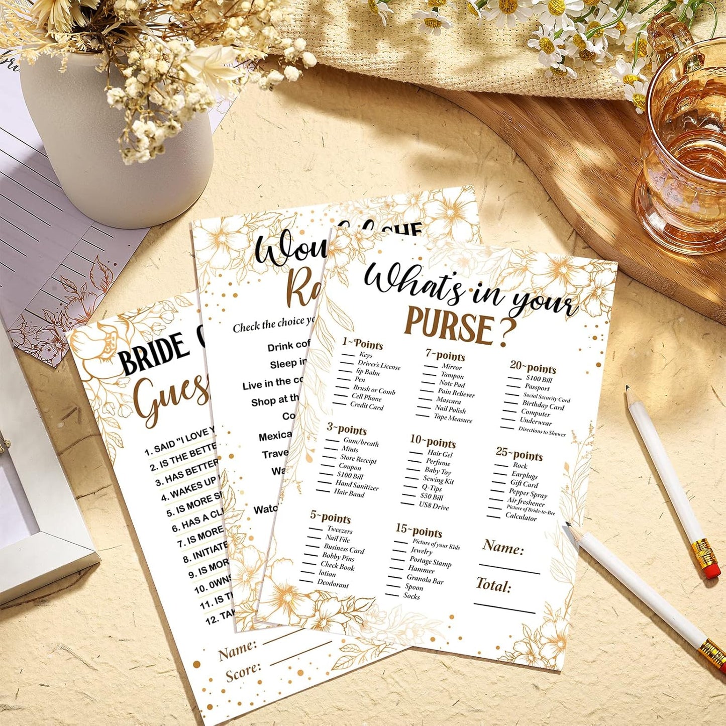 Teling 145 Pieces Bridal Shower Game Bridal Shower Favors Set Wedding Games Cards and Pencils for Bride Groom Bachelorette Party Wedding Party Favor(Golden Flower Style)