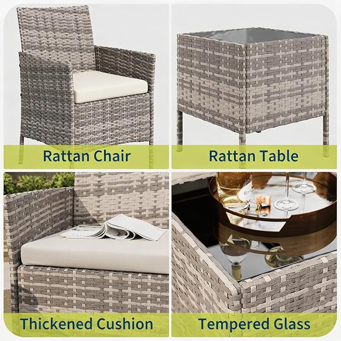 3-Piece Outdoor Furniture Set, PE Rattan Wicker Chairs - Image 6