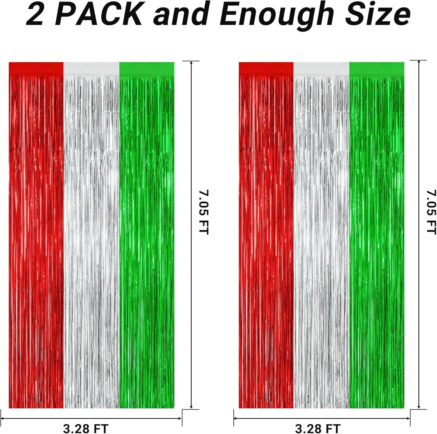 2 Pack Christmas Backdrop, 3.28 FT x 7.05 FT Red Silver Green Party Streamer, Metallic Xmas Backdrop Fringe Curtains Foil Tinsel, Christmas Decorations Wall Decor Photo Booth Props