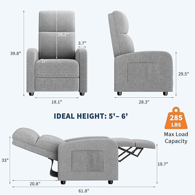 GarveeHome Linen Fabric Manual Recliner Chair, - Image 3