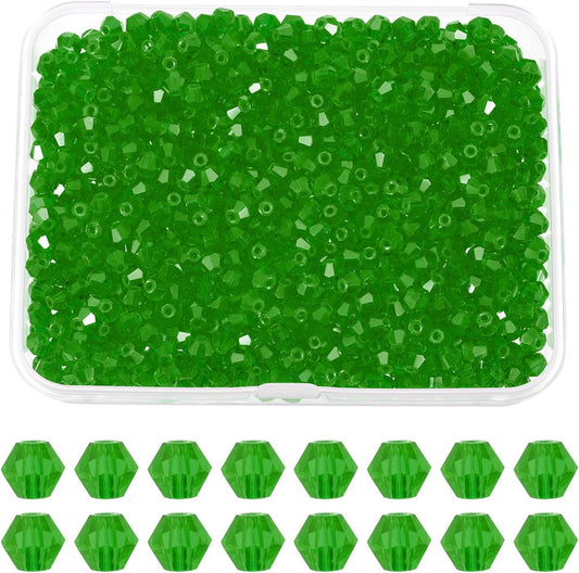 PATIKIL 1000pcs 4mm Bicone Glass Crystal Beads, Faceted Glass Spacer Beads with Box for Jewelry Making Bracelet Necklace Earrings DIY Suncatcher Craft, Grass Green