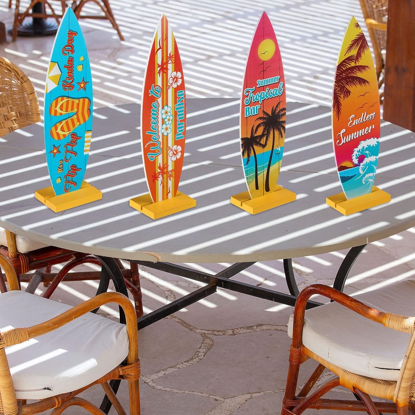 Blulu 4 Pcs Surfboard Table Decorations Surfboard Beach Signs Welcome to Paradise Sign Tropical Bar Table Centerpieces Endless Summer Wood Decor Flip Flop Letters for Home Decor(12.6 x 3.66 Inch)
