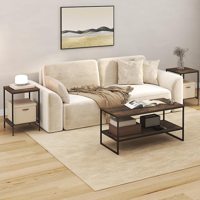 Furinno Simplistic Coffee Table and End Table Set of 3, Modern Metal Frame - Image 2