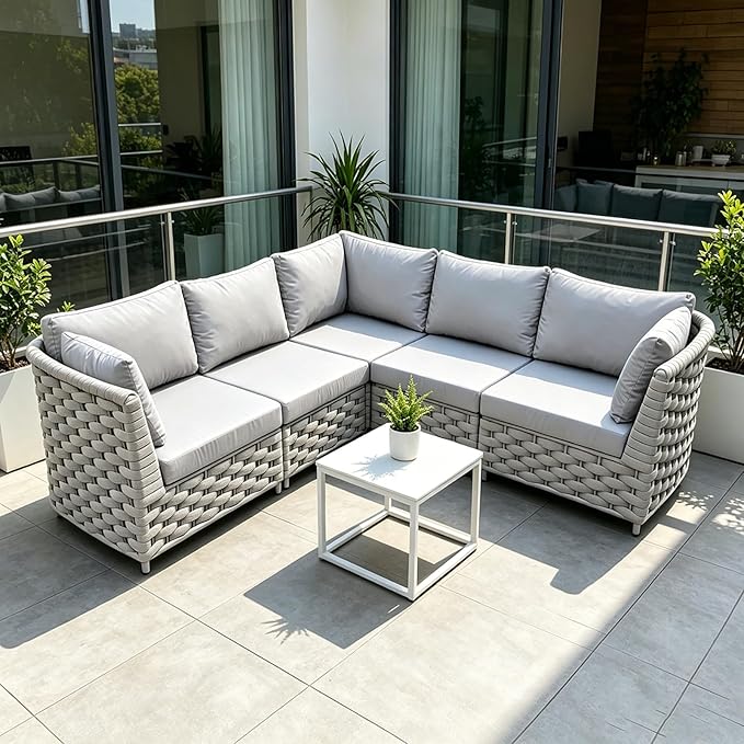 TWT Khaki Gray 5-Piece Modular Outdoor Sofa, 5-Seater Free Combination - Image 4