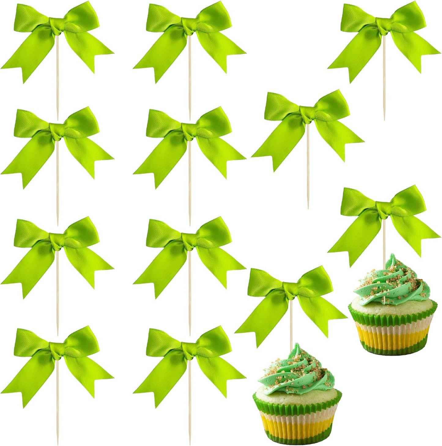 Ephlyn 24Pcs Pink Bow Cupcake Toppers Pink Bow Cake Topper Birthday Decorations, Mini Bowknot Cupcake Picks for Coquette Theme Party Decoration Bachelorette Bridal Engagement Wedding Party Green