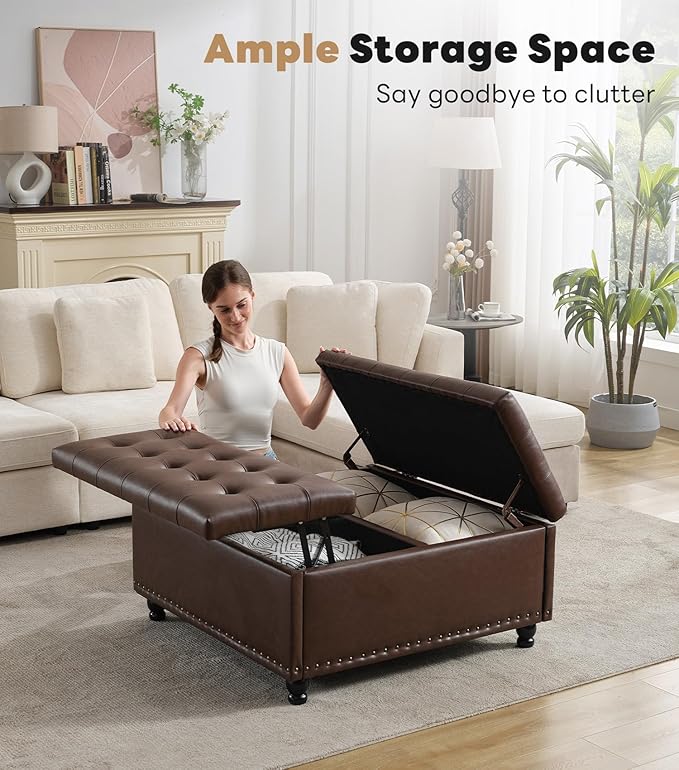 Tbfit Large Square Storage Ottoman Bench, Tufted Upholstered Coffee Table - Image 3