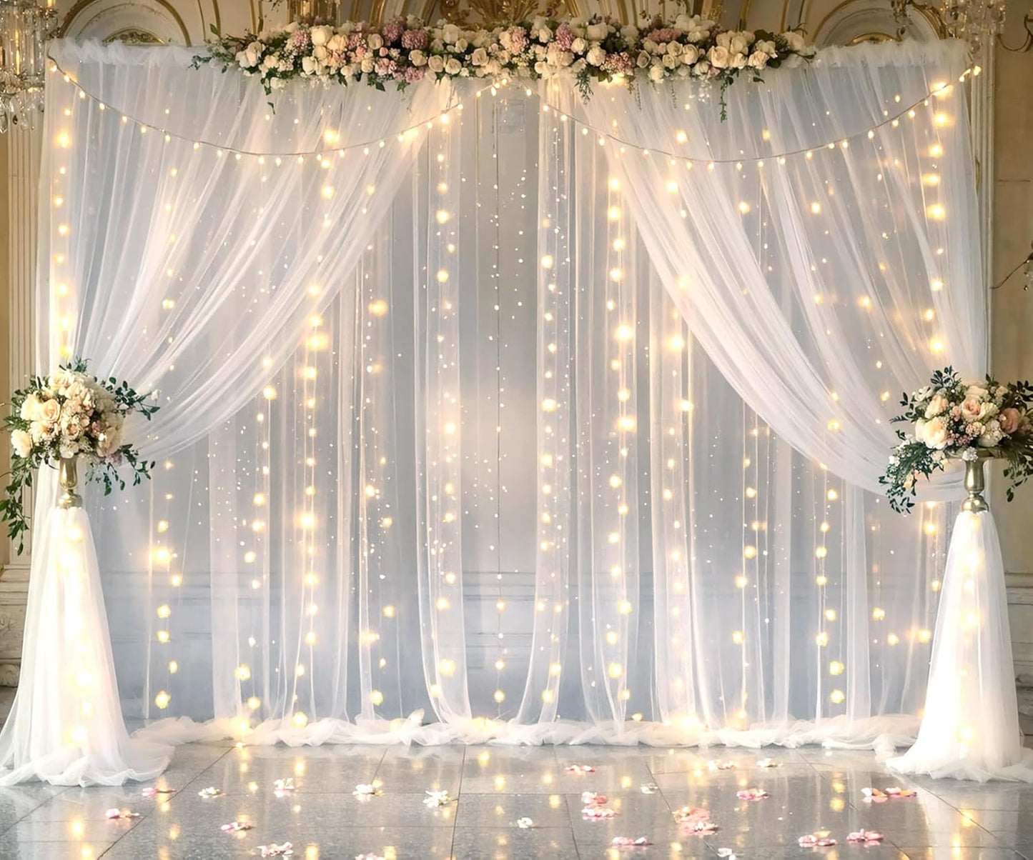 Suppromo White Tulle Backdrop Curtain with Lights String for Parites 20×8ft Sheer Curtains Wedding Baby Shower Birthday Party Photo Shoot Decorations(4 Panels 5ft×8ft)